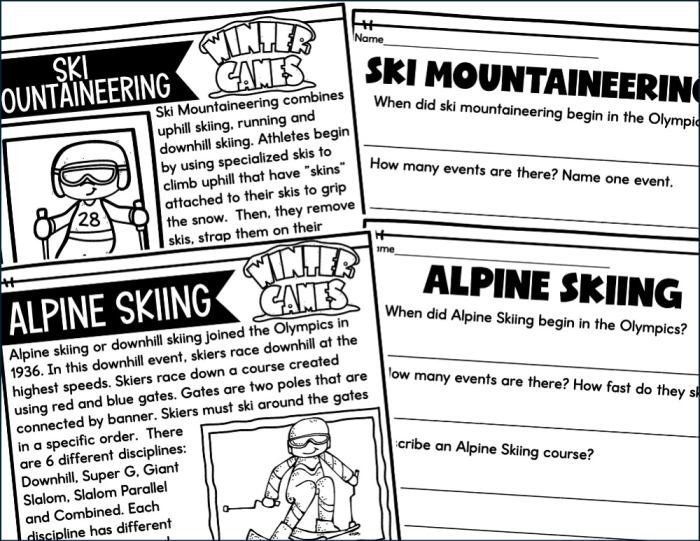 Worksheet focusing on nonfiction text features related to the Winter Olympics for third graders