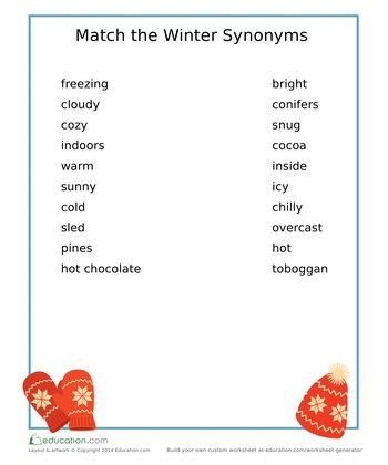 Winter synonyms matching worksheet for third graders