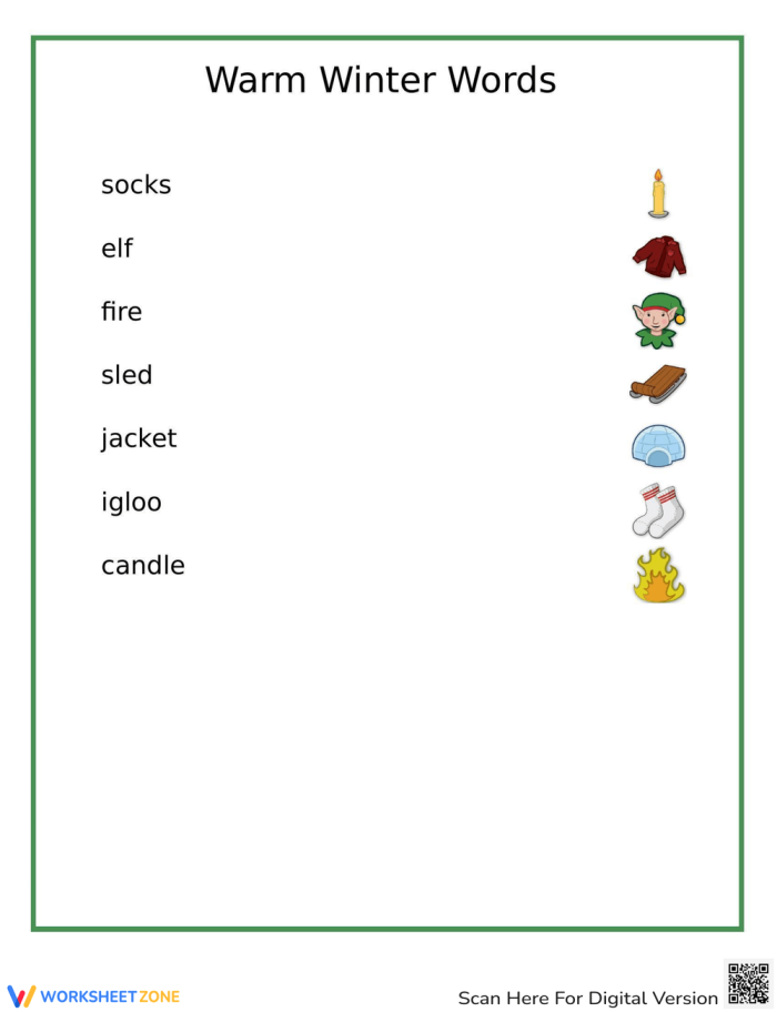 Winter synonyms matching worksheet for third graders