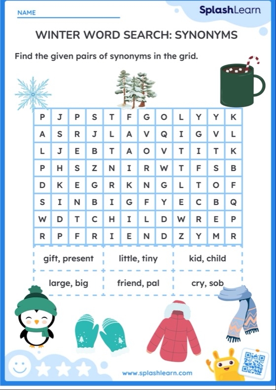 Winter synonyms matching worksheet for third graders