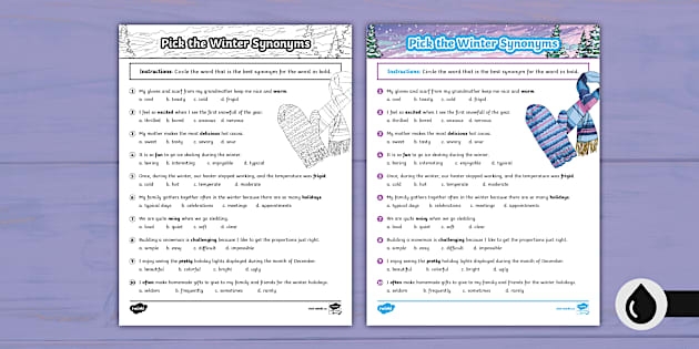 Worksheet featuring a winter synonyms matching exercise for third graders