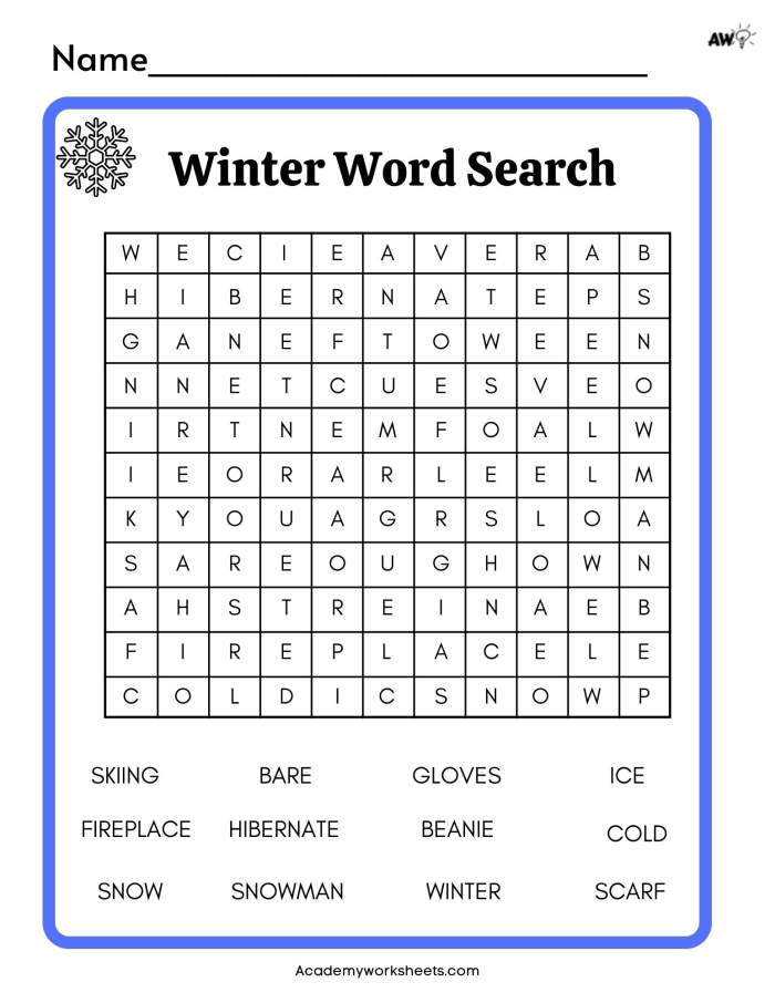 Winter Word Search worksheet featuring winter-themed words for kids to find like icicle and snowman