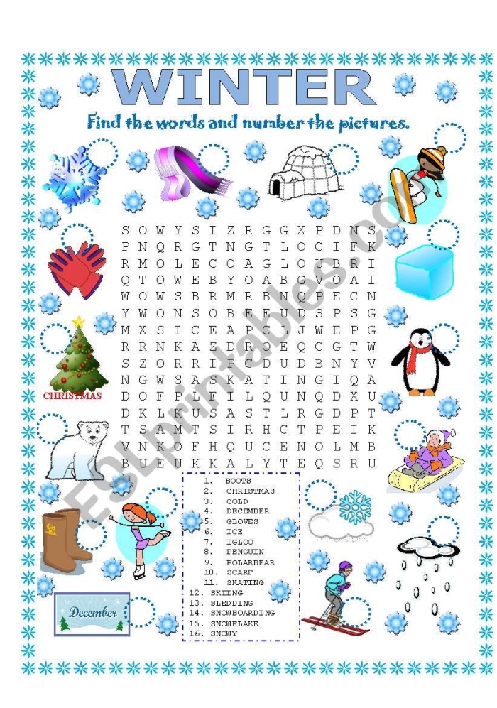 Winter-themed word search worksheet featuring terms like icicle, snowman, and sweater