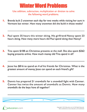 Winter Word Problems Worksheets for Third Grade
