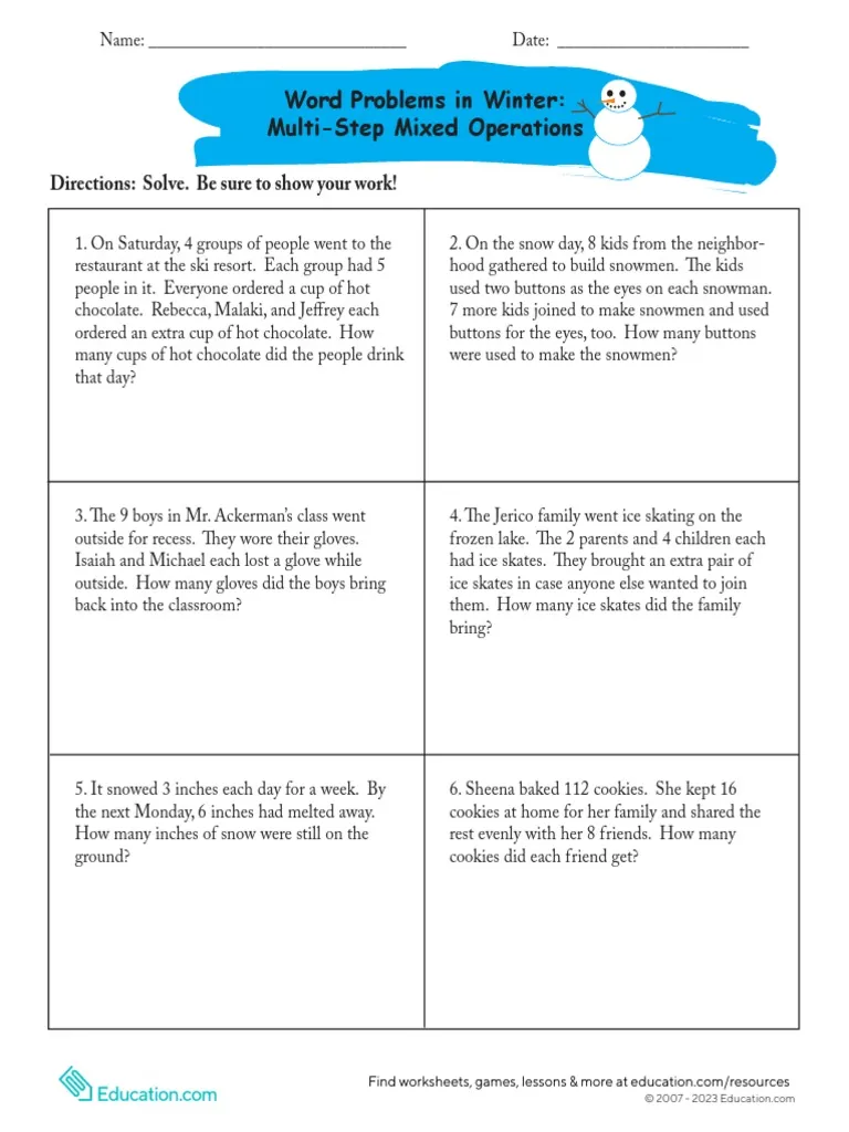 Third grade students practicing winter themed multi-step mixed operations fraction word problems on a worksheet