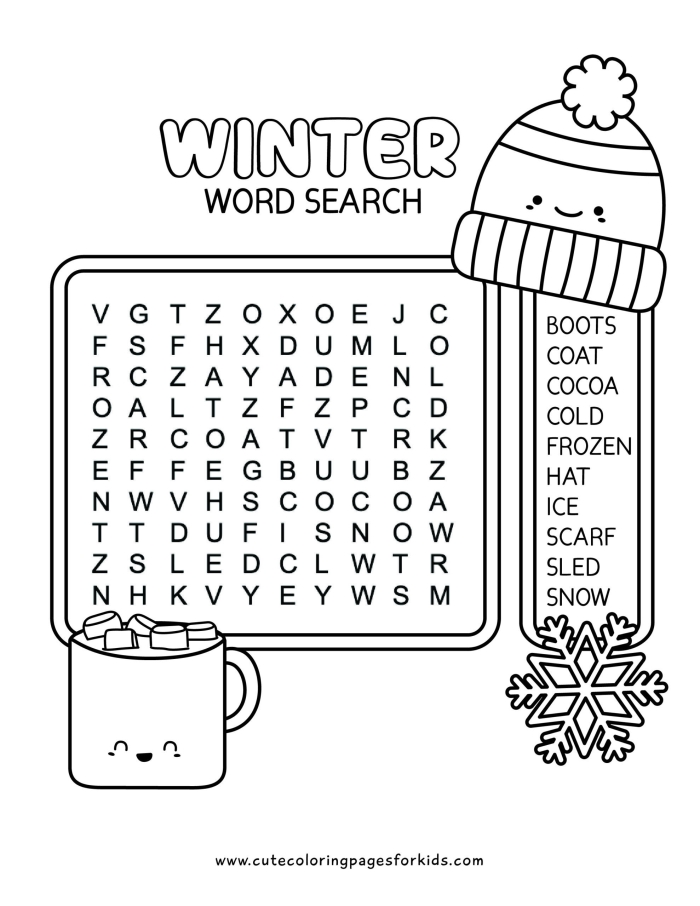 Third grade Earth and space science winter word search puzzle worksheet featuring seasonal vocabulary
