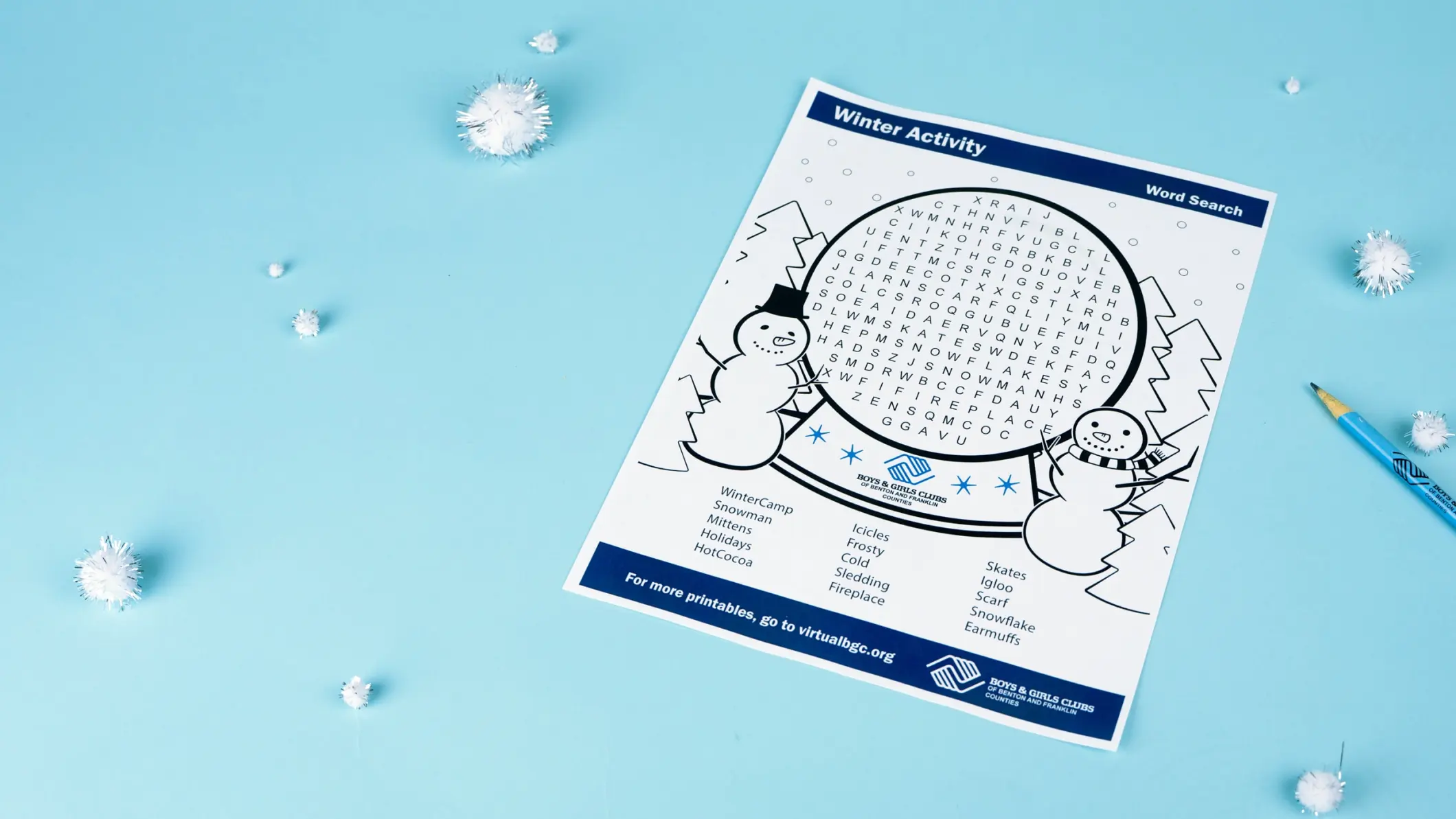 Third grade Earth and Space Science worksheet featuring a Winter Word Search puzzle with themed vocabulary