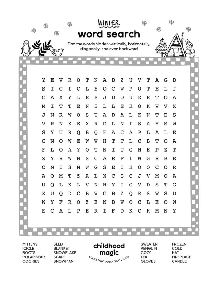 Third grade Earth and space science winter word search puzzle worksheet featuring seasonal vocabulary
