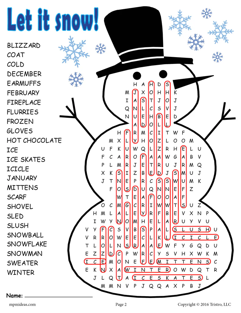 Winter Word Search worksheet featuring words like icicle, snowman, and sweater for third graders. Engaging winter-themed word puzzle for young learners.