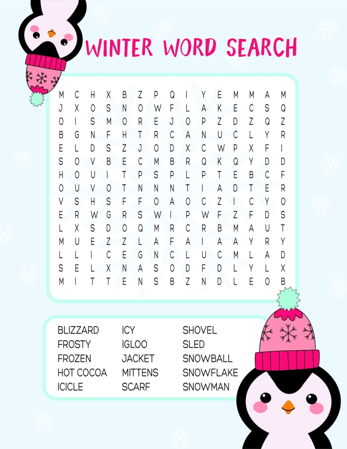 Winter Word Search worksheet for third graders featuring words like snowman and icicle