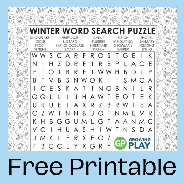 Winter-themed word search worksheet for third graders featuring words like icicle, snowman, and sweater