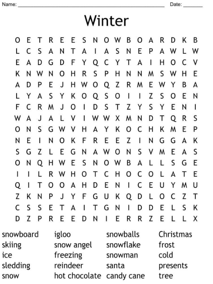 Winter Word Search worksheet featuring words like icicle, snowman, and sweater for kids to find