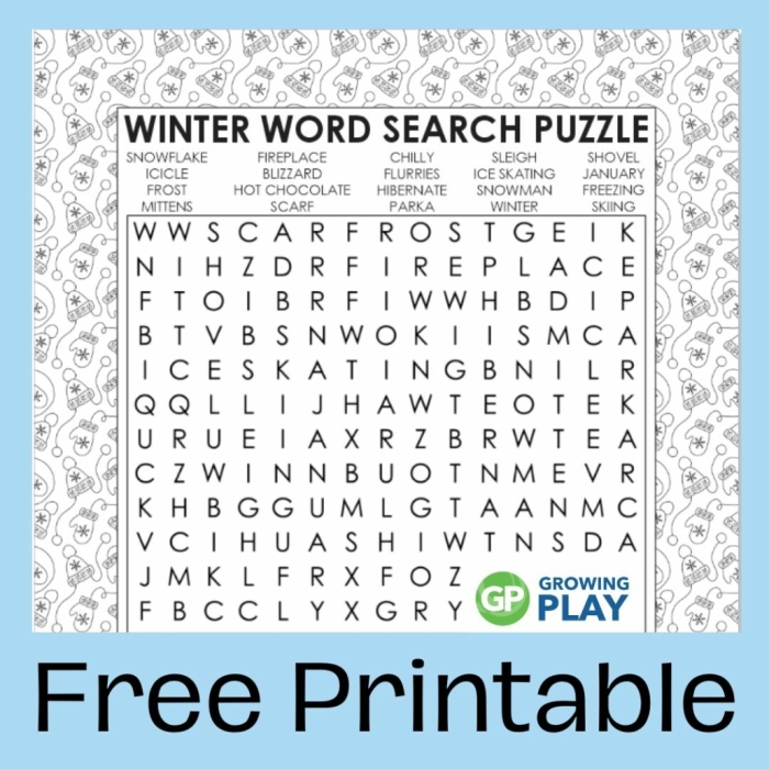 Winter Word Search worksheet featuring words like icicle, snowman, and sweater for third graders