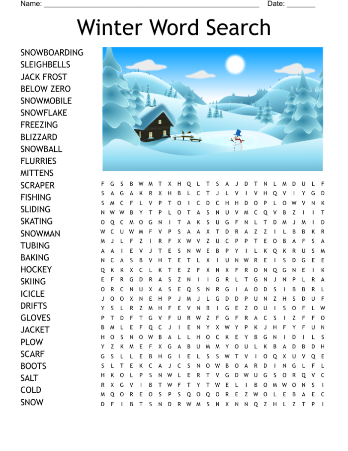 Third grade Earth and Space Science worksheet featuring a winter themed word search puzzle with terms like icicle and snowman