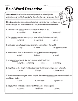Third grade student completing a word mystery context clues worksheet