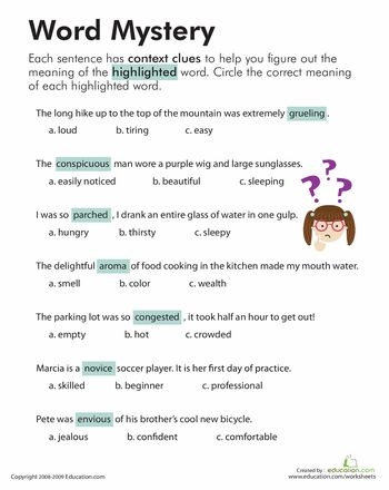 Context Clues Worksheet for third graders featuring a word mystery activity