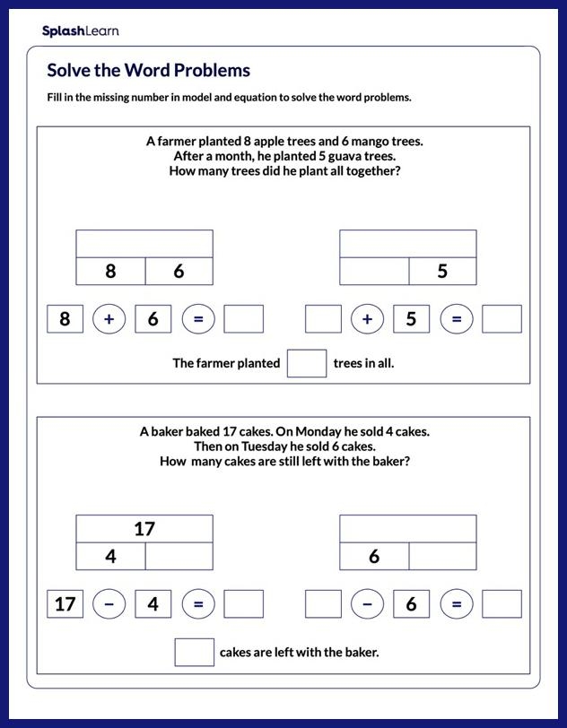 Third grade students solving addition and subtraction word problems on an assessment worksheet