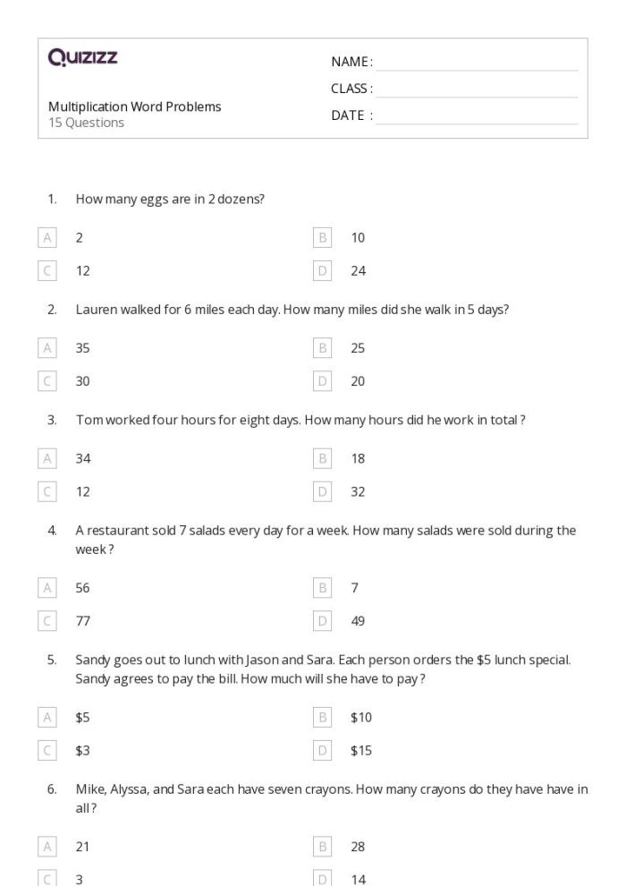 Image depicting a variety of methods like arrays and repeated addition for multiplication problems Third grade multiplication worksheet featuring word problems and strategies for solving them