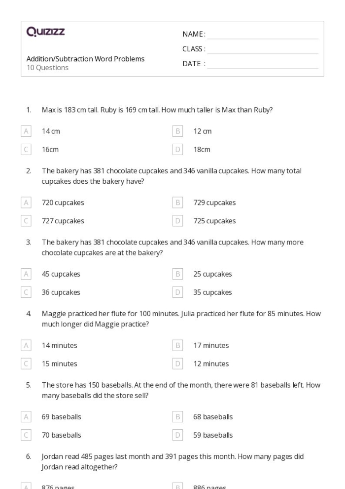 Two-Digit Math Word Problems Exercise 19 for Early Third Grade Assessment Third grade students solving two-digit addition and subtraction word problems with real-world scenarios