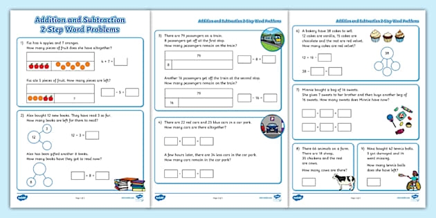 Worksheet for third graders focused on two-step addition and subtraction word problems