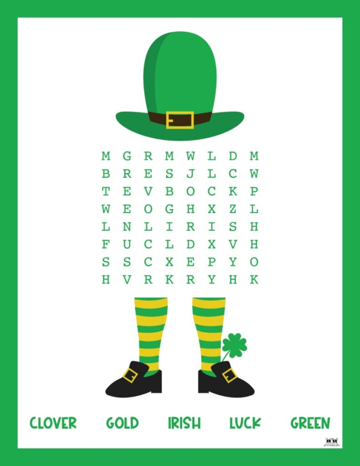 Third grade St. Patrick's Day word search activity sheet with seasonal vocabulary puzzles