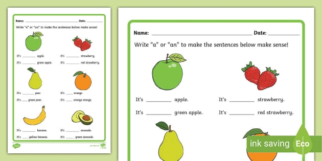 Visual guide for teaching "a" vs "an" in English writing for third-grade students A colorful worksheet designed for third graders to learn the difference between "a" and "an
