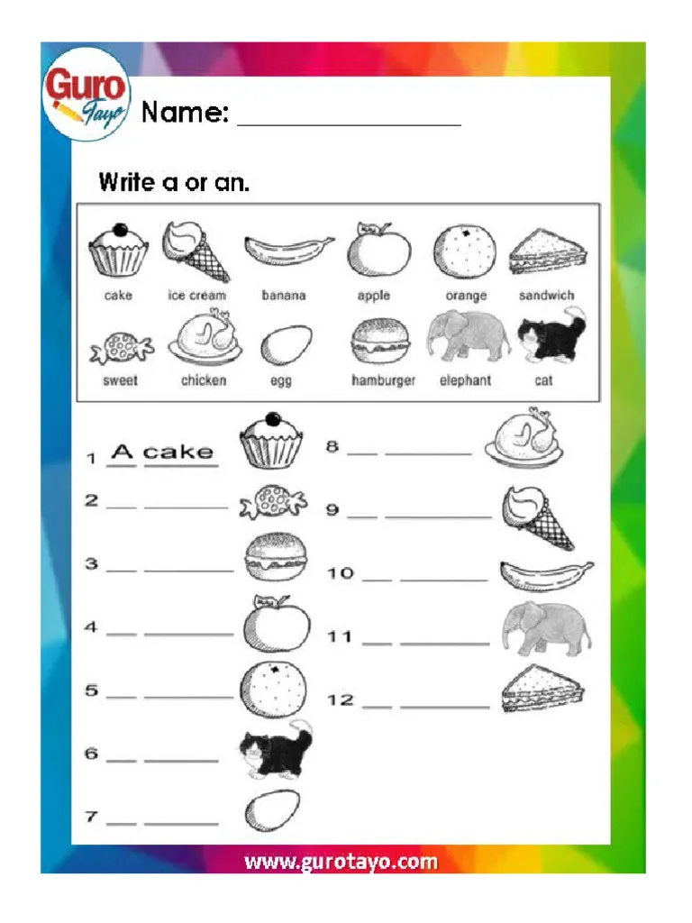 Visual guide for teaching "a" and "an" to third-grade students A colorful worksheet for third graders focusing on the use of "a" and "an" in sentences
