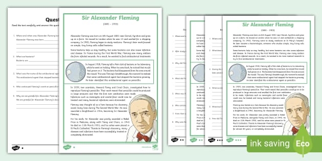 Third grade students studying Alexander Fleming and his discovery of penicillin on an educational worksheet