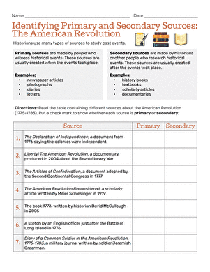 Worksheet illustrating primary and secondary sources related to the American Revolution for third graders