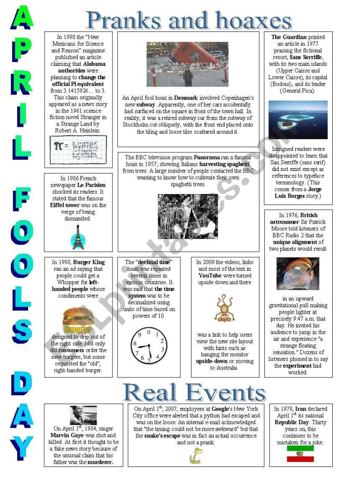 April Fools' Day Hoaxes worksheet for third graders featuring six amusing stories