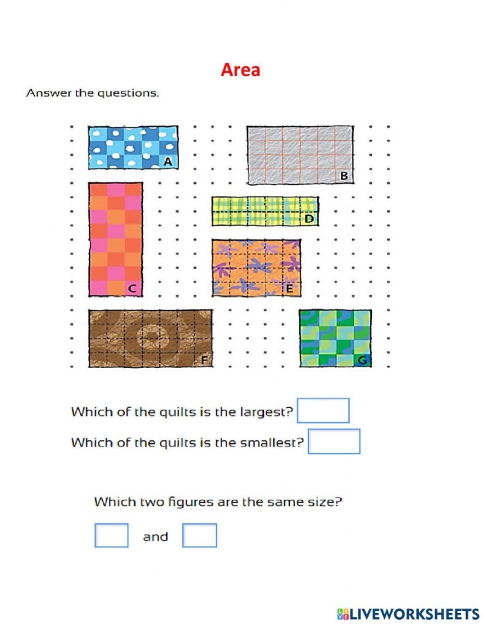 Third grade math worksheet for calculating the area of rectangular rooms