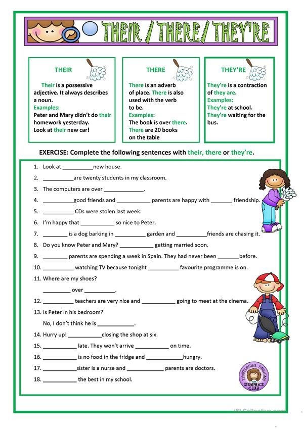 Educational resource for mastering tricky homophones in English grammar Worksheet helping third graders understand the difference between there, their, and they're