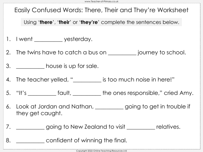 Visual guide for mastering the usage of there, their, and they're in sentences Worksheet helping third graders understand the difference between there, their, and they're