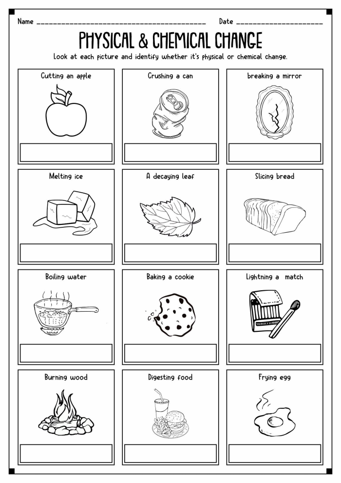 Worksheet illustrating the differences between chemical and physical changes for third graders