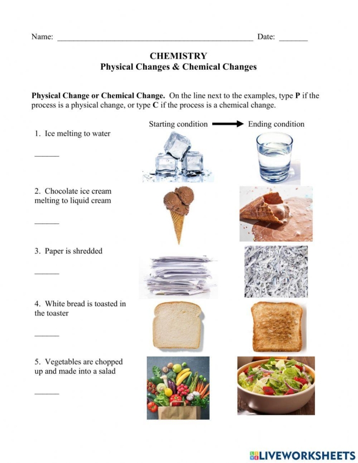 Worksheet for comparing and contrasting chemical and physical changes in science. Educational resource for third graders to explore different types of reactions.