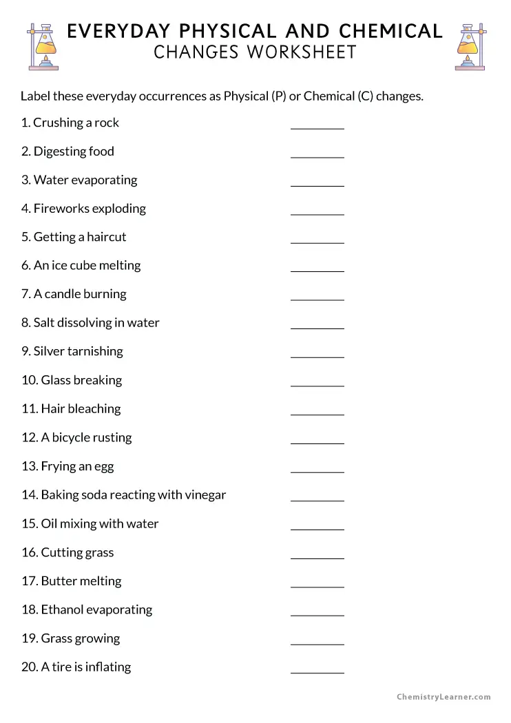Worksheet for comparing and contrasting chemical and physical changes for third graders