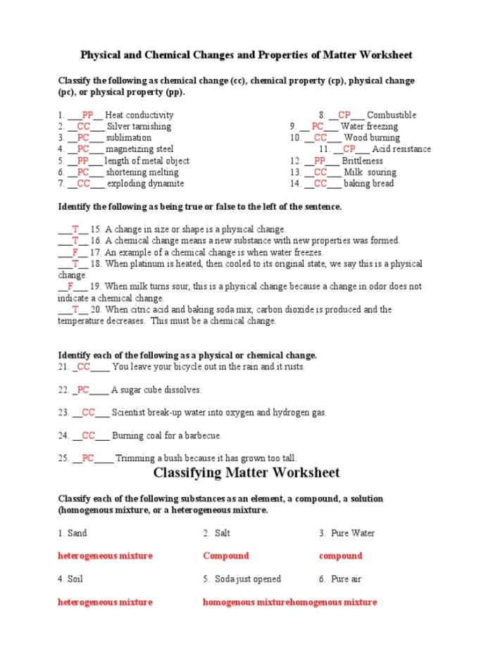 Worksheet illustrating the comparison between chemical and physical changes for third-grade students