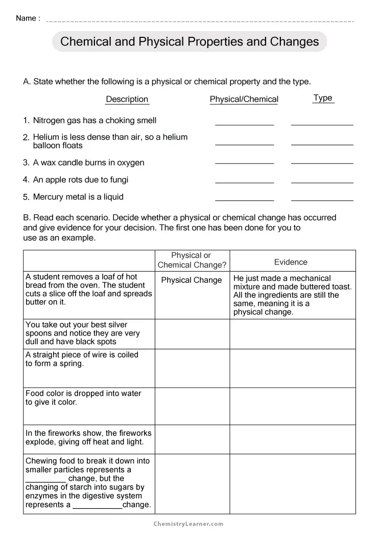 Worksheet illustrating the differences between chemical and physical changes for third graders