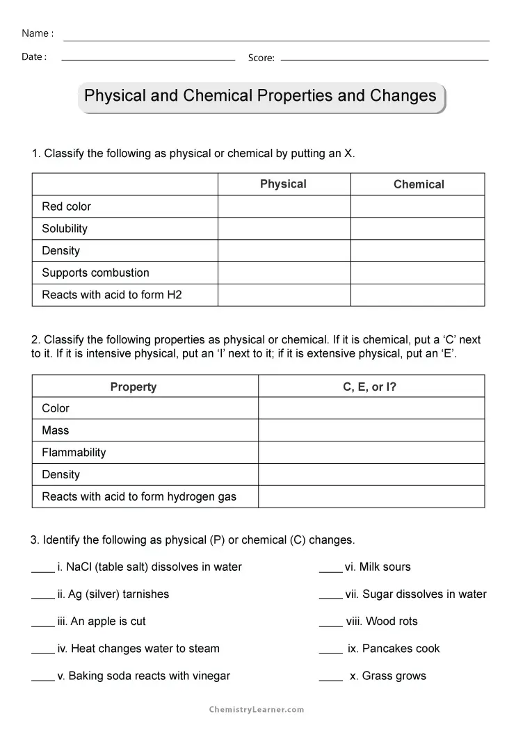 Worksheet illustrating the differences between chemical and physical changes for third graders