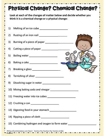 Worksheet illustrating the differences between chemical and physical changes for third graders