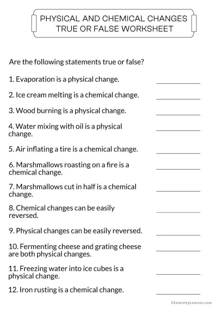 Worksheet illustrating the comparison of chemical and physical changes for third graders