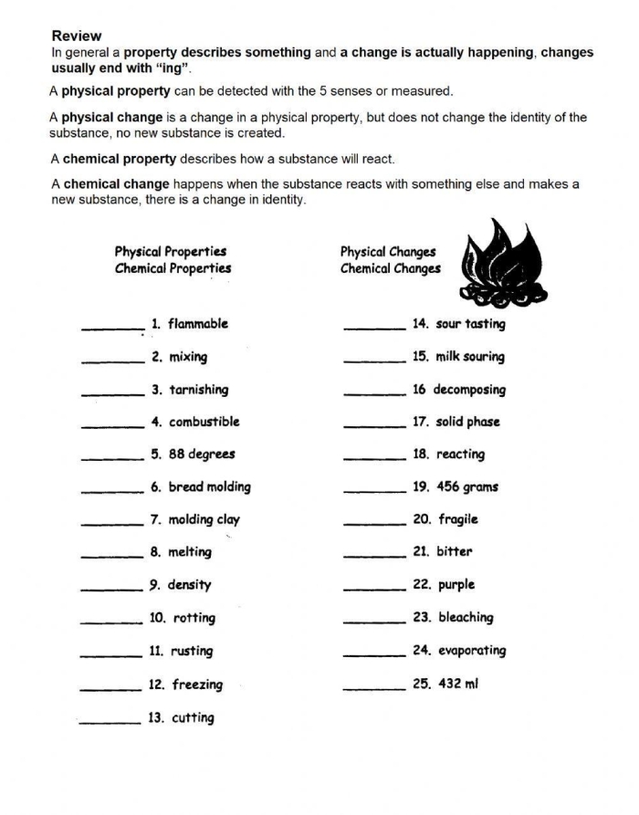 Worksheet illustrating the differences between chemical and physical changes for third graders