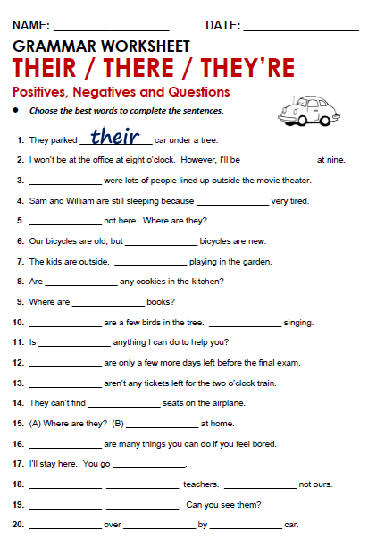 There their or theyre homophone practice worksheet for third grade level 7 Third grade worksheet for choosing between there their and theyre