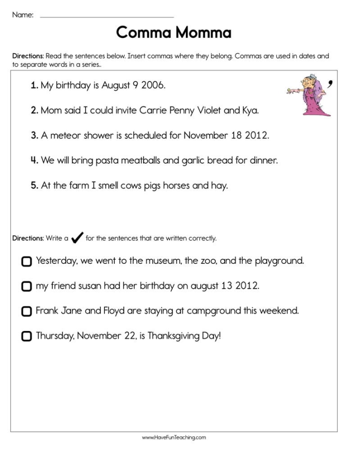 Perfect Punctuation Commas in Dates and Addresses Worksheet Number 5 Third grade worksheet page teaching how to use commas in written dates and addresses