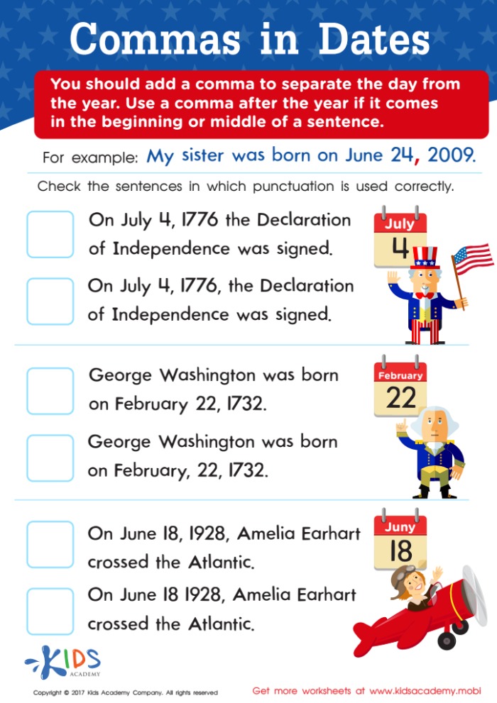 Perfect Punctuation Commas in Dates and Addresses Worksheet Number 18 Third grade worksheet explaining how to correctly place commas in dates and addresses