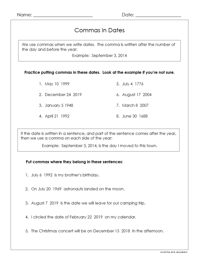 Perfect Punctuation: Commas in Dates and Addresses Worksheet for Grade 3 Worksheet for practicing punctuation with commas in dates and addresses for third graders
