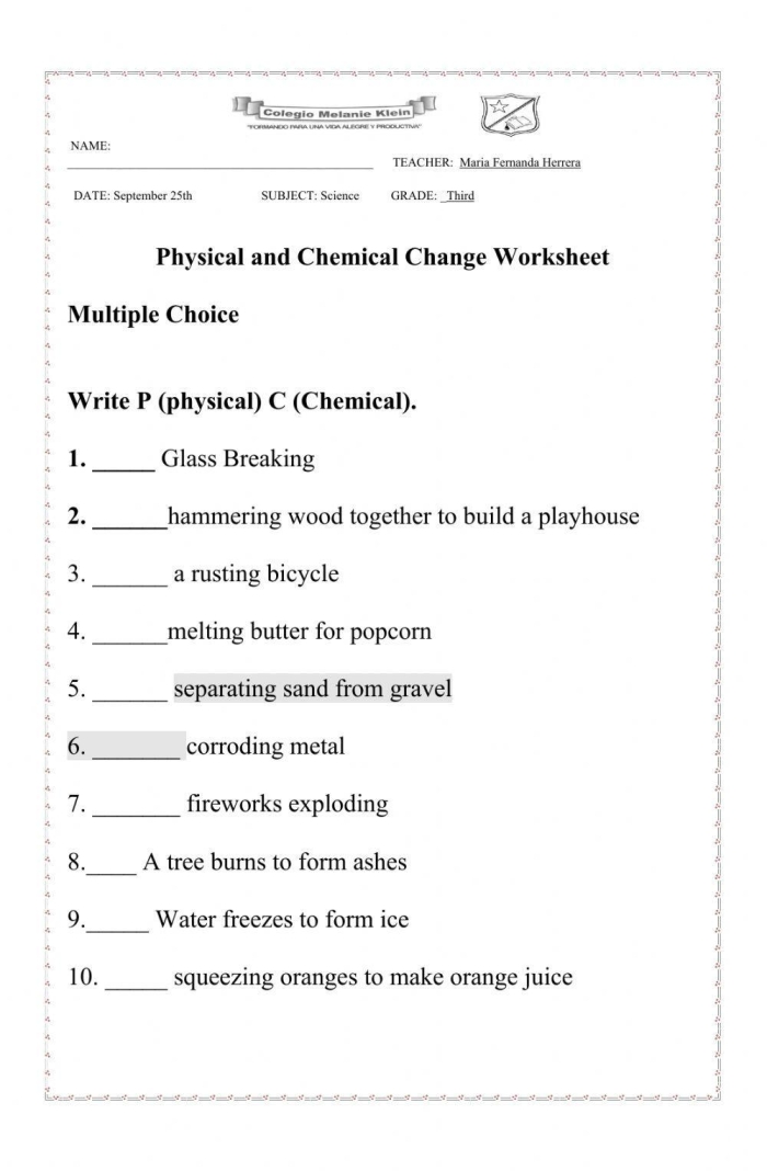 Worksheet illustrating chemical and physical changes for third graders