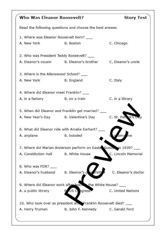 Worksheet on Eleanor Roosevelt to enhance reading comprehension and historical knowledge Eleanor Roosevelt biography worksheet for third-grade students focusing on women's history