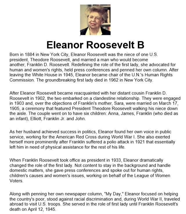 Worksheet on Women in History featuring Eleanor Roosevelt for reading comprehension Eleanor Roosevelt biography worksheet for third-grade history students