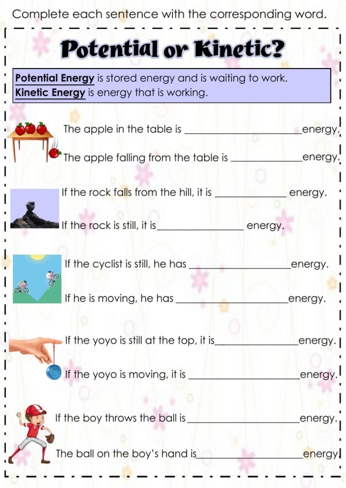 Third grade worksheet illustrating the concepts of potential and kinetic energy